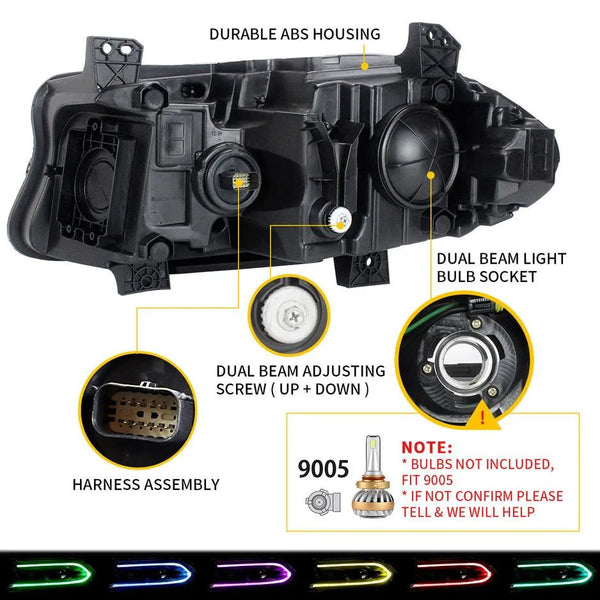 VLAND EU Pair Dodge Challenger 15-23 LED DRL RGB Colour Halo Headlights LHD
