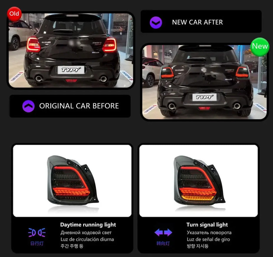 TYPY Pair LED DRL 17-23 Suzuki Swift Rear Lights Dynamic Tail Lamps LHD