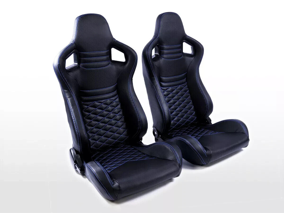 UK FK Universal Car 4x4 Bucket Sports Seats Quilted Carbon Weave Blue Stitch