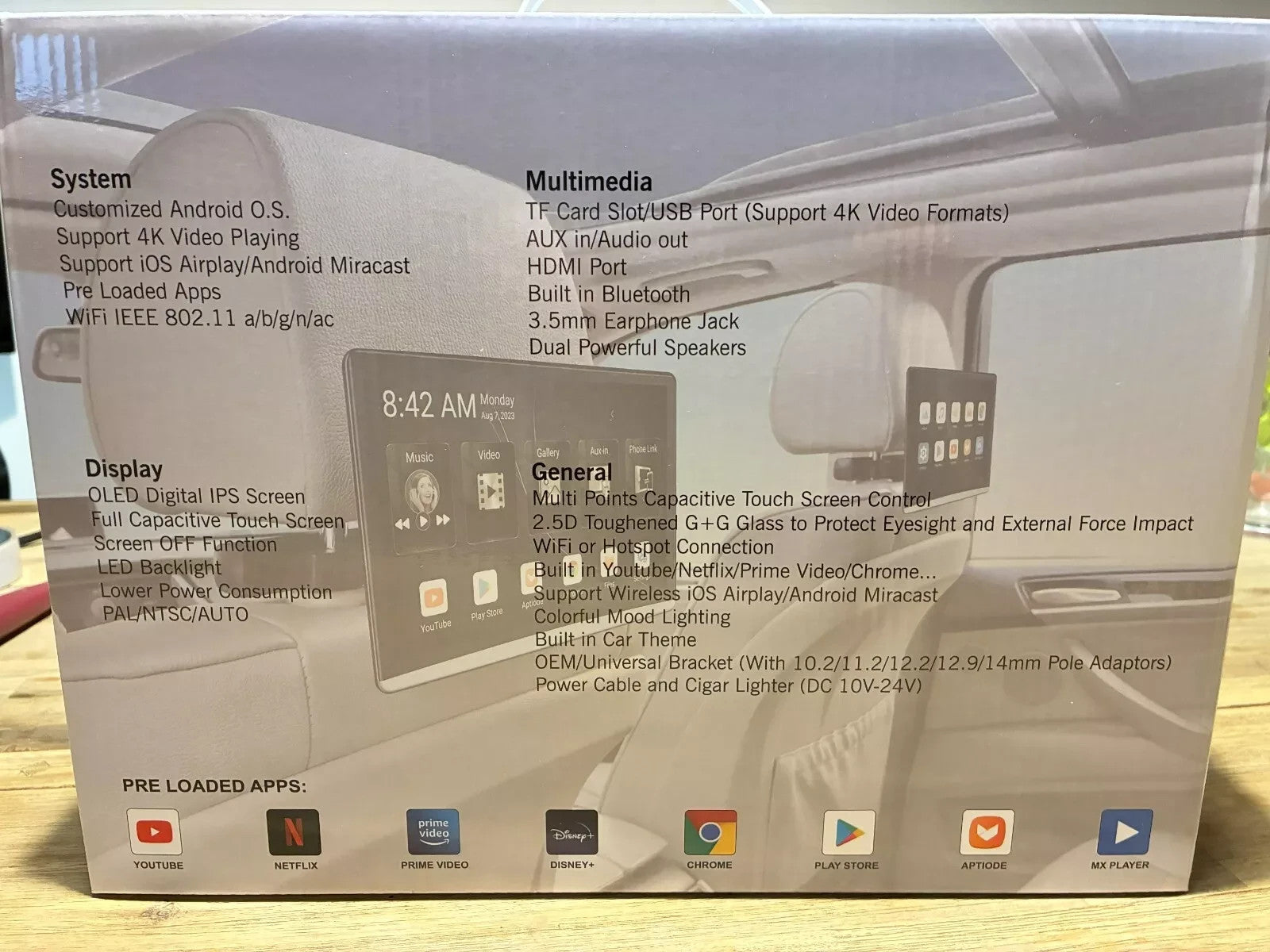 ANDRSEPRO VT-1380A 1x Headrest OLED 4K Screen 13.5" Android Apps Wifi MirrorCast