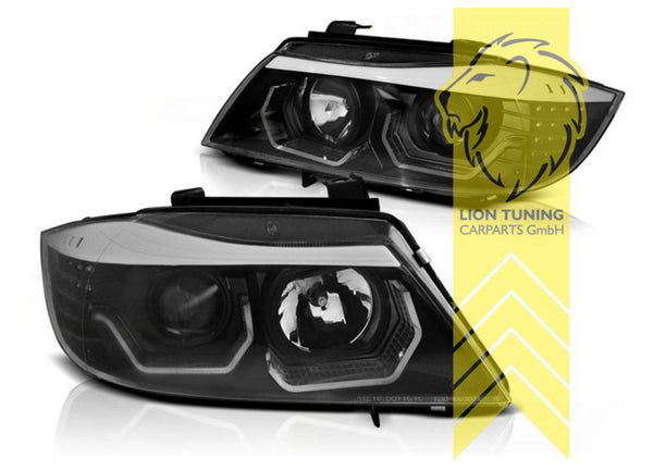 LT Pair LED DRL Halo H7 H1 Headlights BMW E90 Sedan E91 Touring Black 05-08 LHD