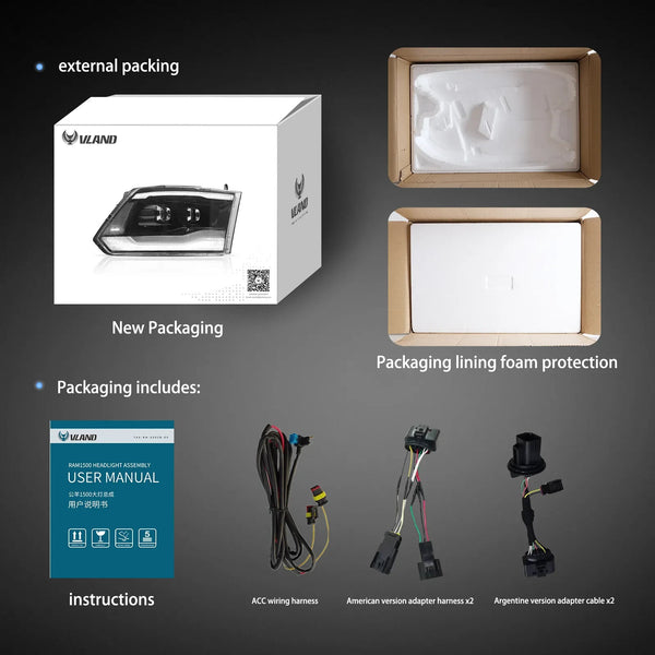 VLAND Pair 09-18 Dodge Ram 1500 2500 3500 LED DRL Halo Projector Headlights LHD