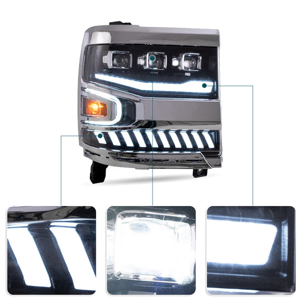VLAND EU Pair Chevrolet Silverado 1500 16-18 LED DRL Seq Lightbar Headlights LHD