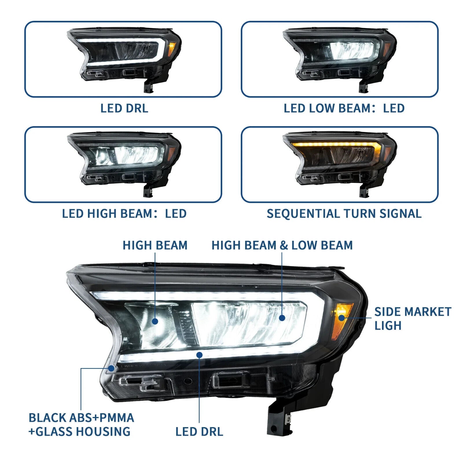 VLAND Ford Ranger T6 Raptor Wildtrak 19-22 LED DRL Lightbar Headlights FITS US