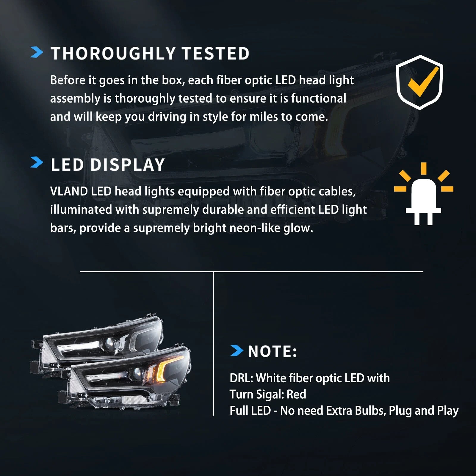 VLAND 21-24 Toyota Hilux Bi LED DRL Projector Streamer Headlights Black LHD RHD