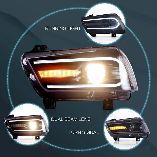 VLAND RGB Dual Beam Dodge Charger 2011-2014 SEQ LED DRL Lightbar Headlights