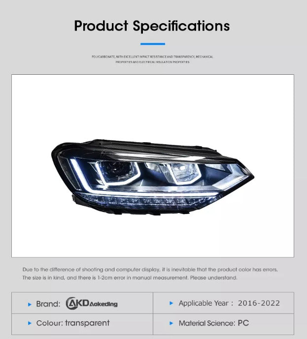 AKD Pair LED DRL Lightbar Laser Projector Headlights VW Touran L 2016-2022 LHD