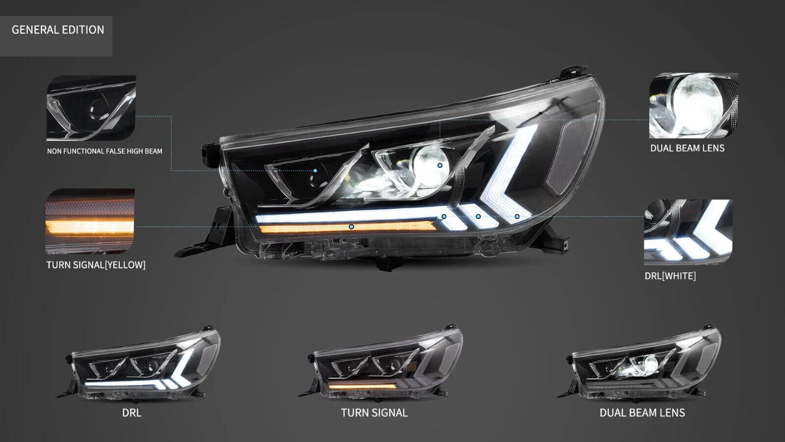 VLAND Toyota Hilux Revo 8 MK8 15-20 DYNAMIC WELCOME LED DRL Lightbar Headlights