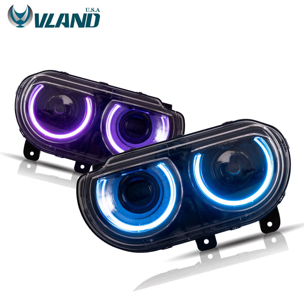 VLAND EU Pair Dodge Challenger 08-14 LED DRL RGB Colour Halo Headlights LHD