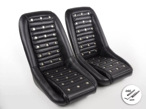 Black Studded Classic Car Retro Kit Speedster Vintage Resto Sports Bucket Seats