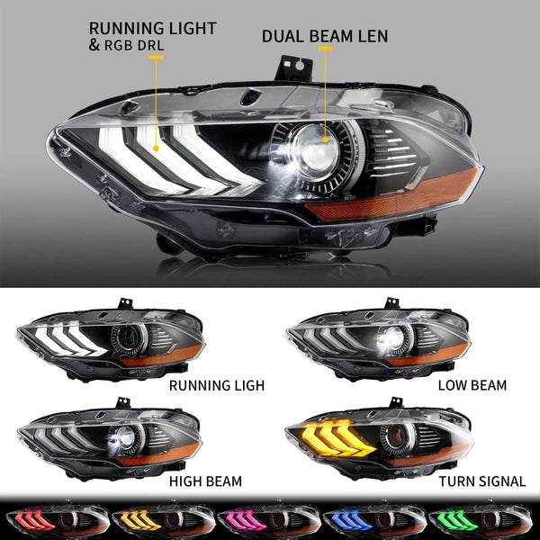 VLAND Ford Mustang 6 MK6 RGB Projector S550 18-23 LED DRL Lightbar Headlights