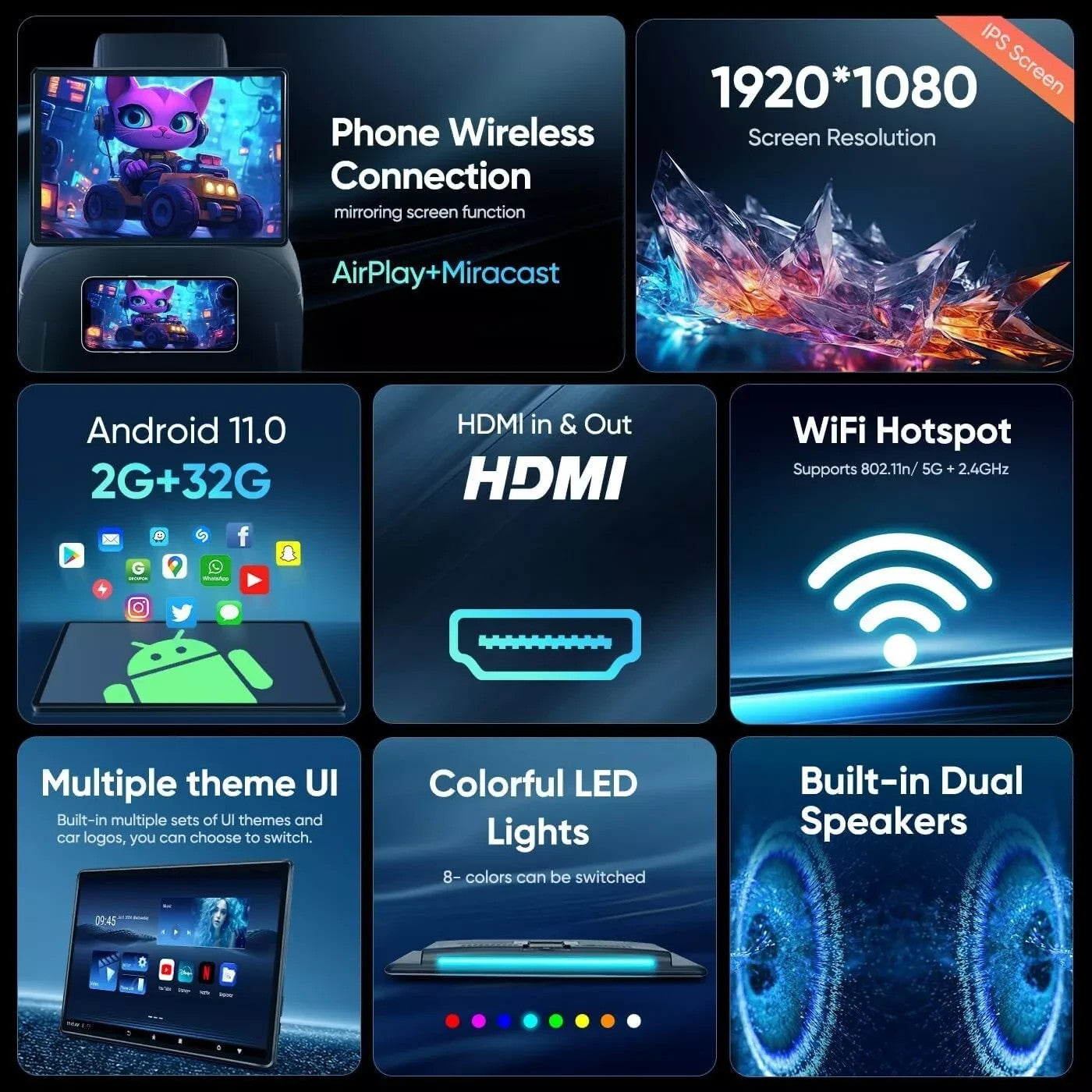 ANDRSEPRO VT-1380A 1x Headrest OLED 4K Screen 13.5" Android Apps Wifi MirrorCast