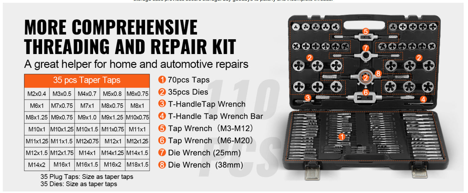 Tap & Die Set 110Pcs Metric Size M2 - M18 Bearing Steel Taps and Dies Threading