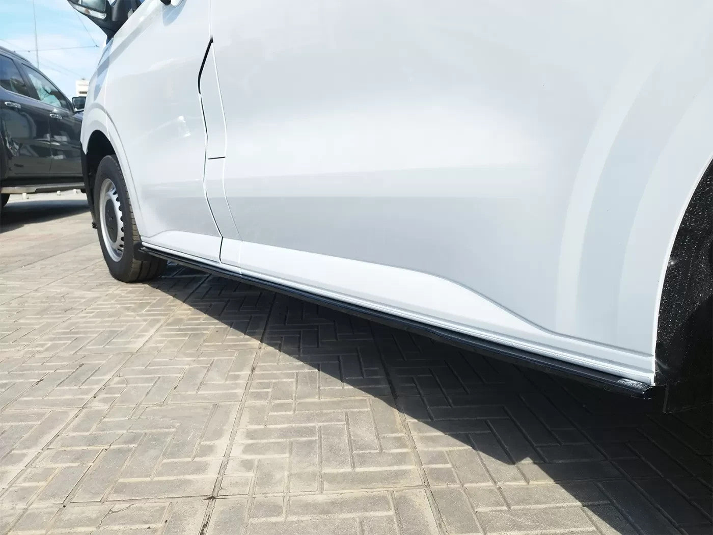 Motordrome Side Skirts 2 Extensions Ford Transit Custom Mk2 L1 VW T7 Gloss Black