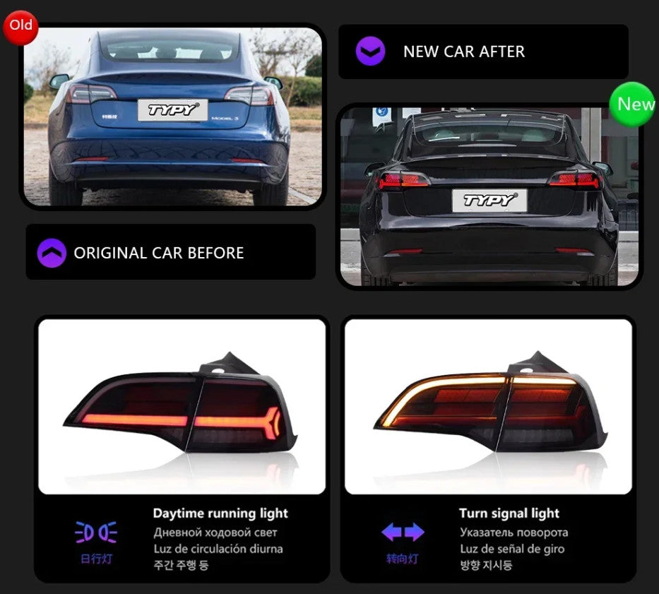 TYPY Pair Tesla Model 3 Y LED DOT MATRIX Stop TEXT Dynam Rear Lights Tail LHD