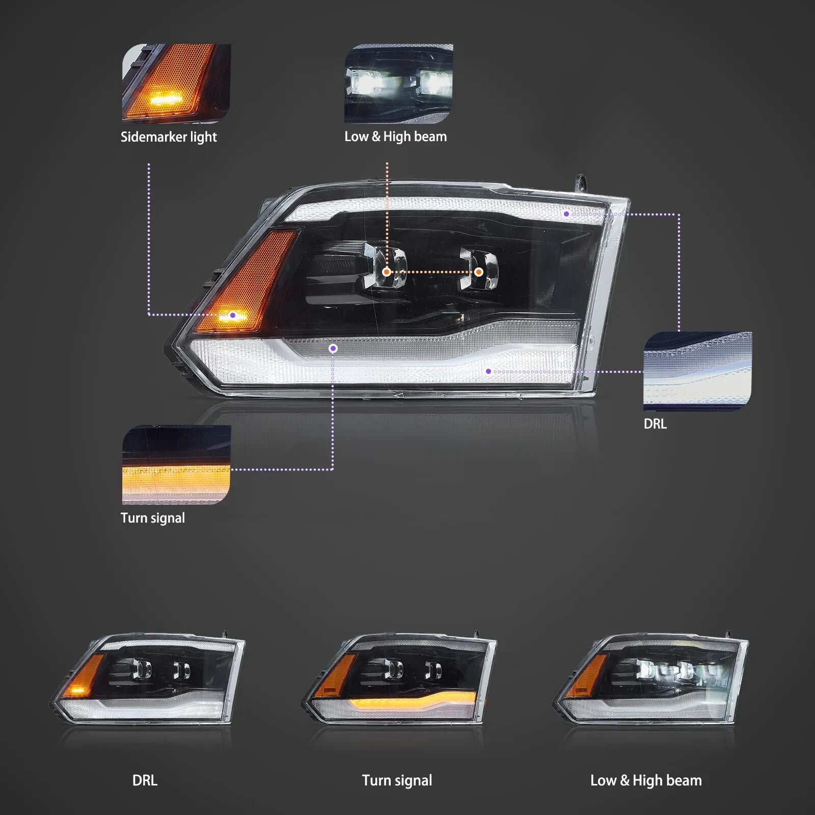 VLAND Pair 09-18 Dodge Ram 1500 2500 3500 LED DRL Halo Projector Headlights LHD