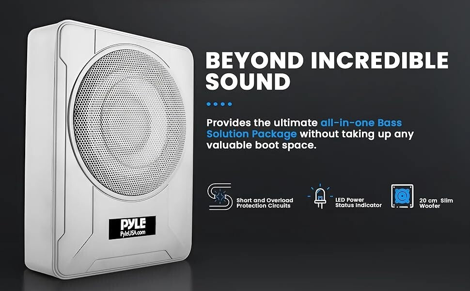 8 Inch Low Profile Amplified Subwoofer 600 Watt Compact Enclosed Under Seat