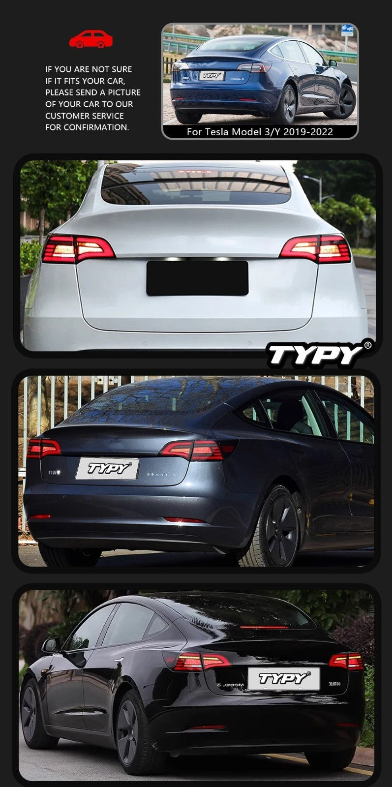 TYPY Pair 19-22 Tesla Model 3 Model Y Lightbar Sequential LED DRL Rear Lights