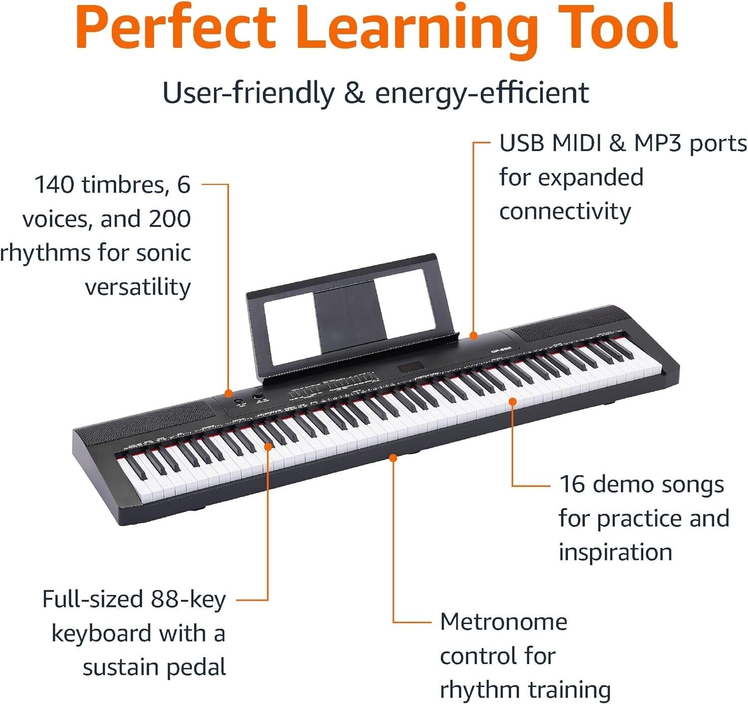 Amazon Basics Digital Piano 88 Key Semi-Weighted Keyboard + Sustain Pedal +Stand