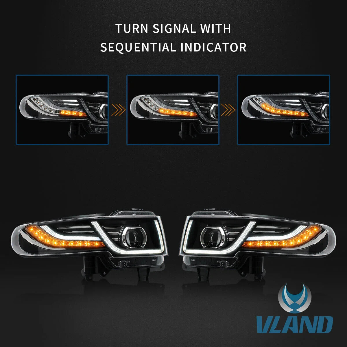 VLAND Toyota Fj Cruiser 2007-2023 SEQ LED DRL Lightbar Headlights + Grilles LHD