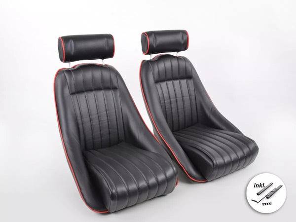 FK Pair Classic II Retro Kit Car Bucket Sports Seats - Black Red Piping + slides