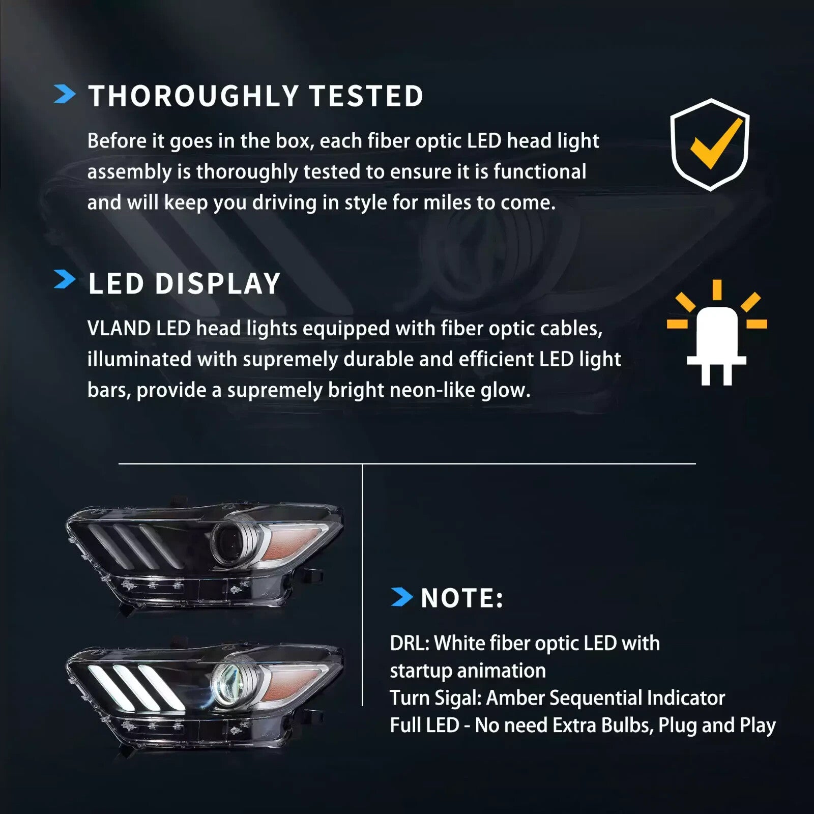 VLAND Pair 2015-2017 Ford Mustang LED DRL Projector Aftermarket Headlights LHD