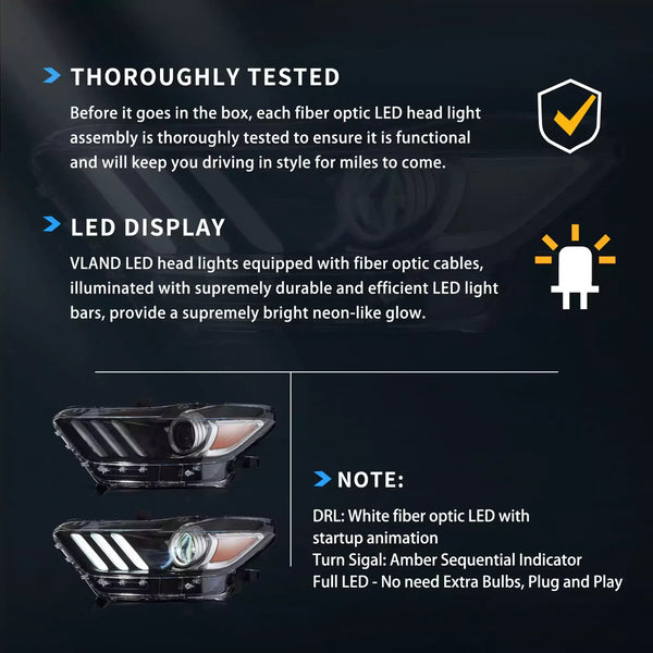 VLAND Pair 2015-2017 Ford Mustang LED DRL Projector Aftermarket Headlights LHD