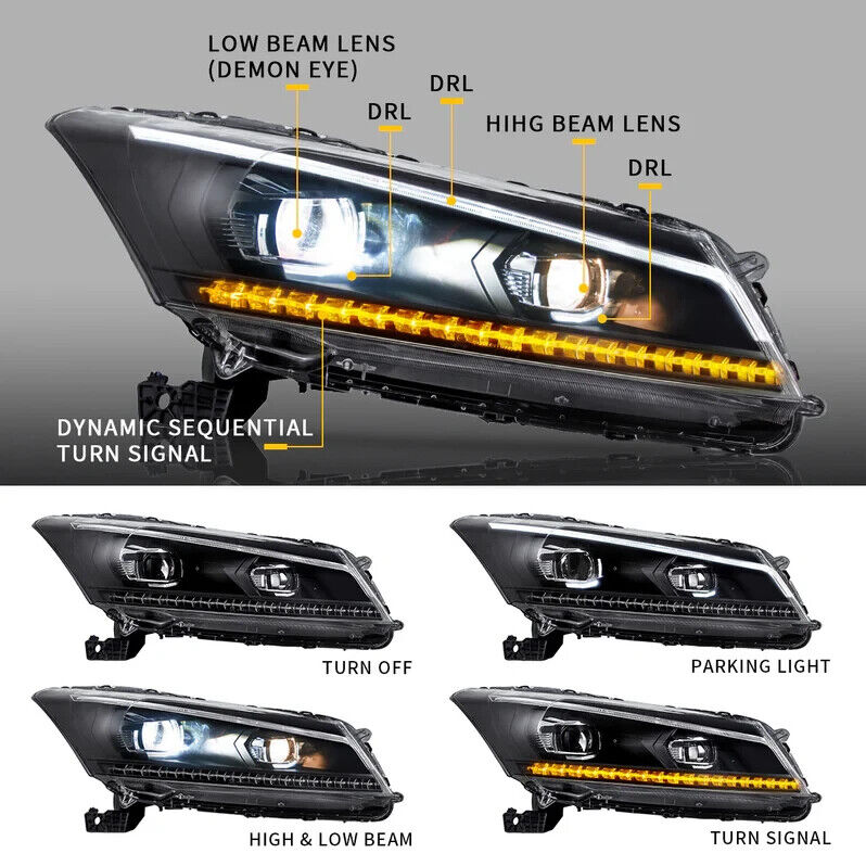 VLAND Honda Accord 2008-2012 SEQUENTIAL Dynamic Animation LED DRL Headlights LHD