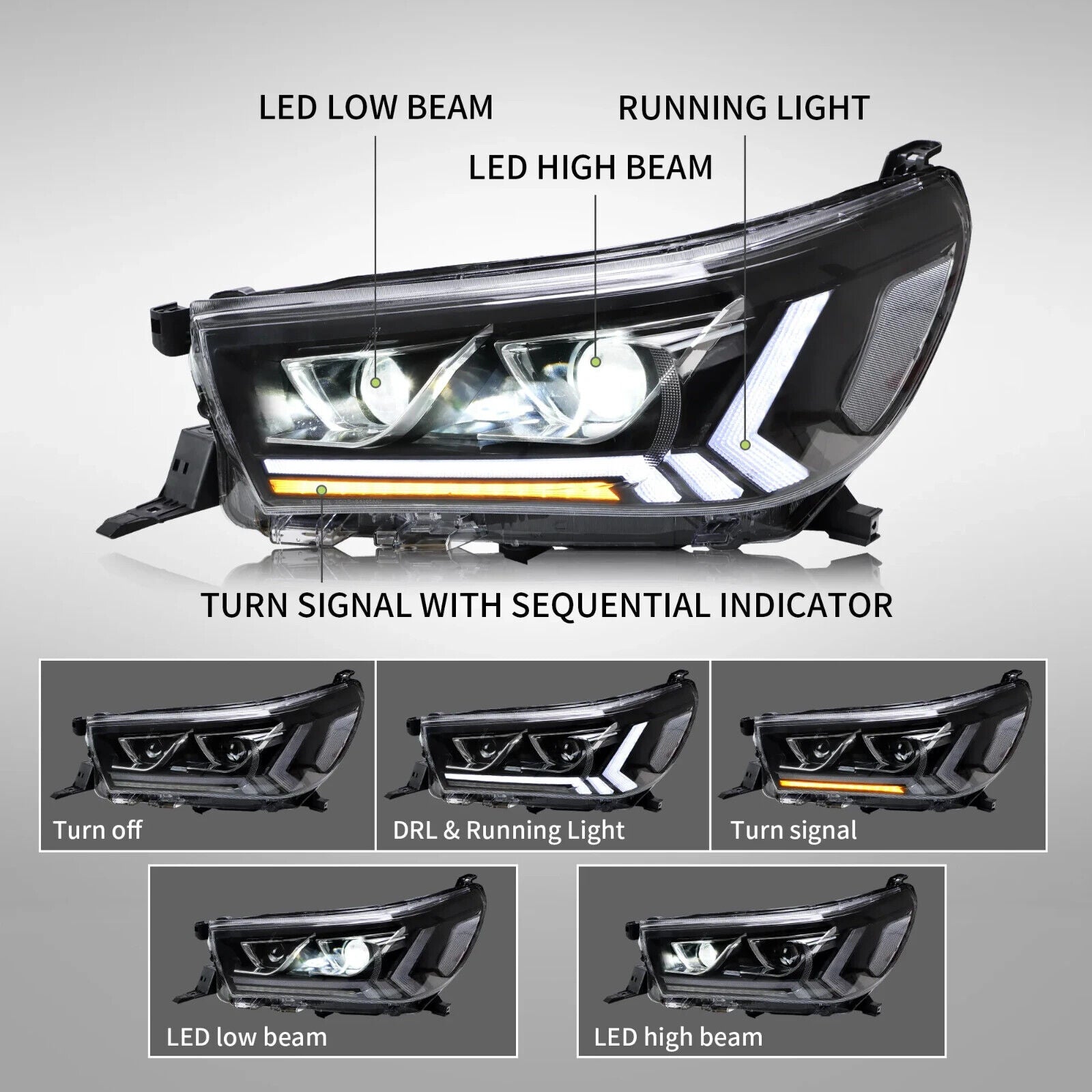 VLAND Toyota Hilux Revo 8 MK8 15-20 DYNAMIC WELCOME LED DRL Lightbar Headlights