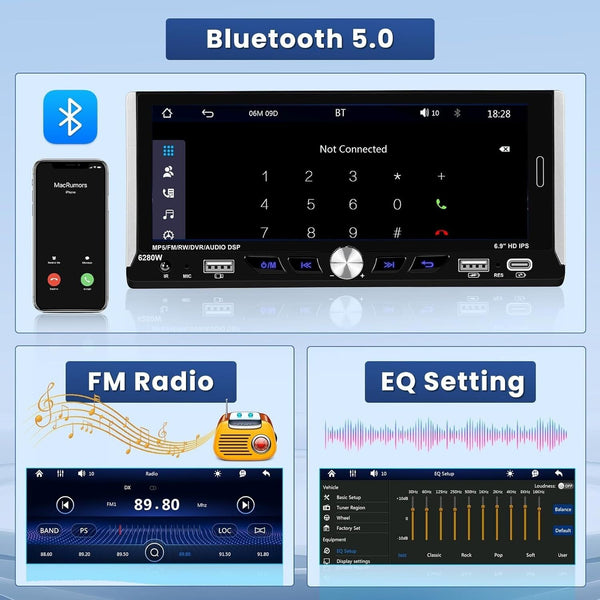 2024 6.9" Screen 1 Din Car Stereo Wireless CarPlay Android Auto BT USB C Camera