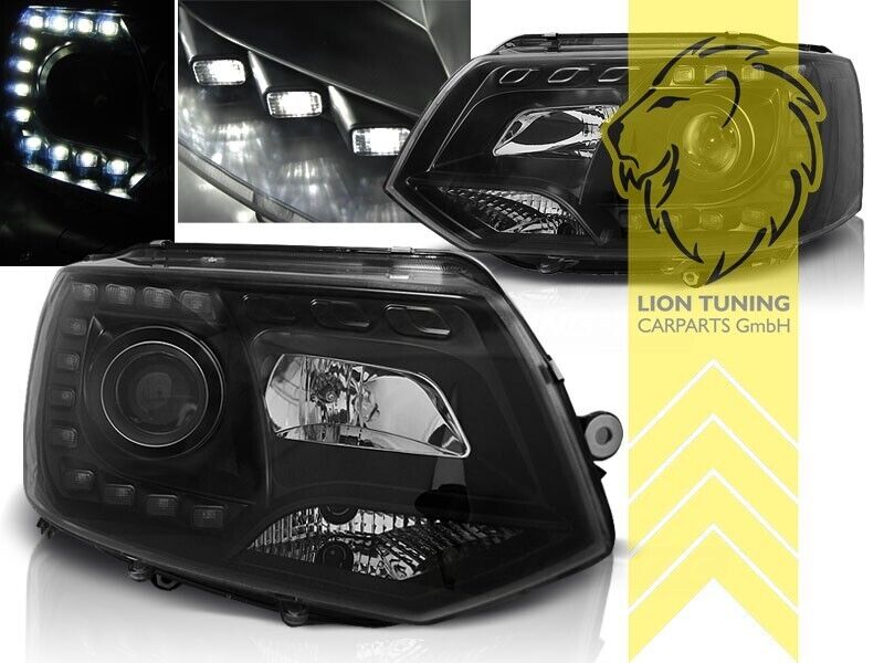 LT Pair LED DRL Halo Lightbar Headlights VW T5 Bus Facelift black LHD