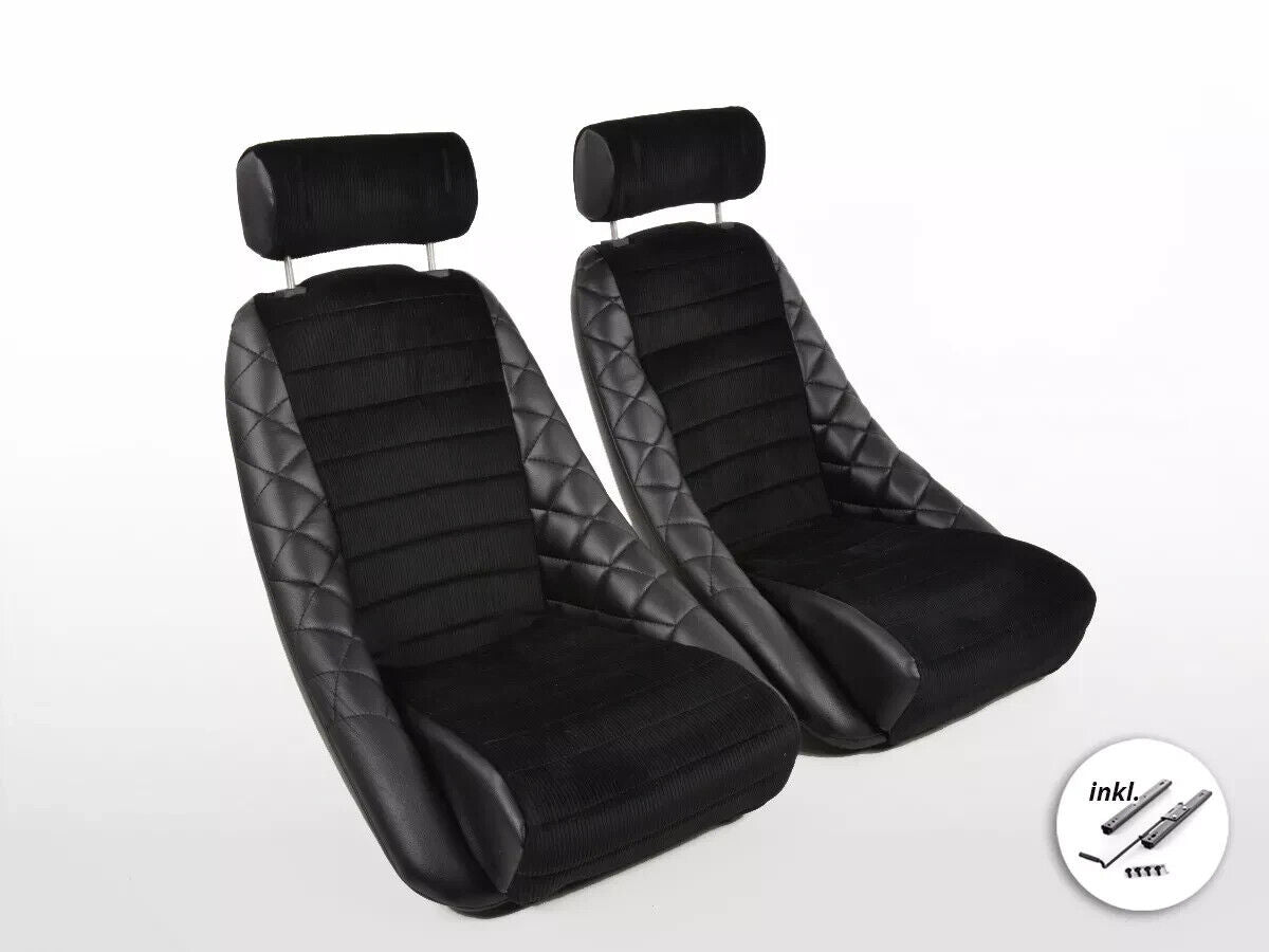 FK Pair Classic 3 Retro Kit Car Bucket Sports Seats with Headrest - Black Synthetic Leather + Ribbed Cord Textile + slides