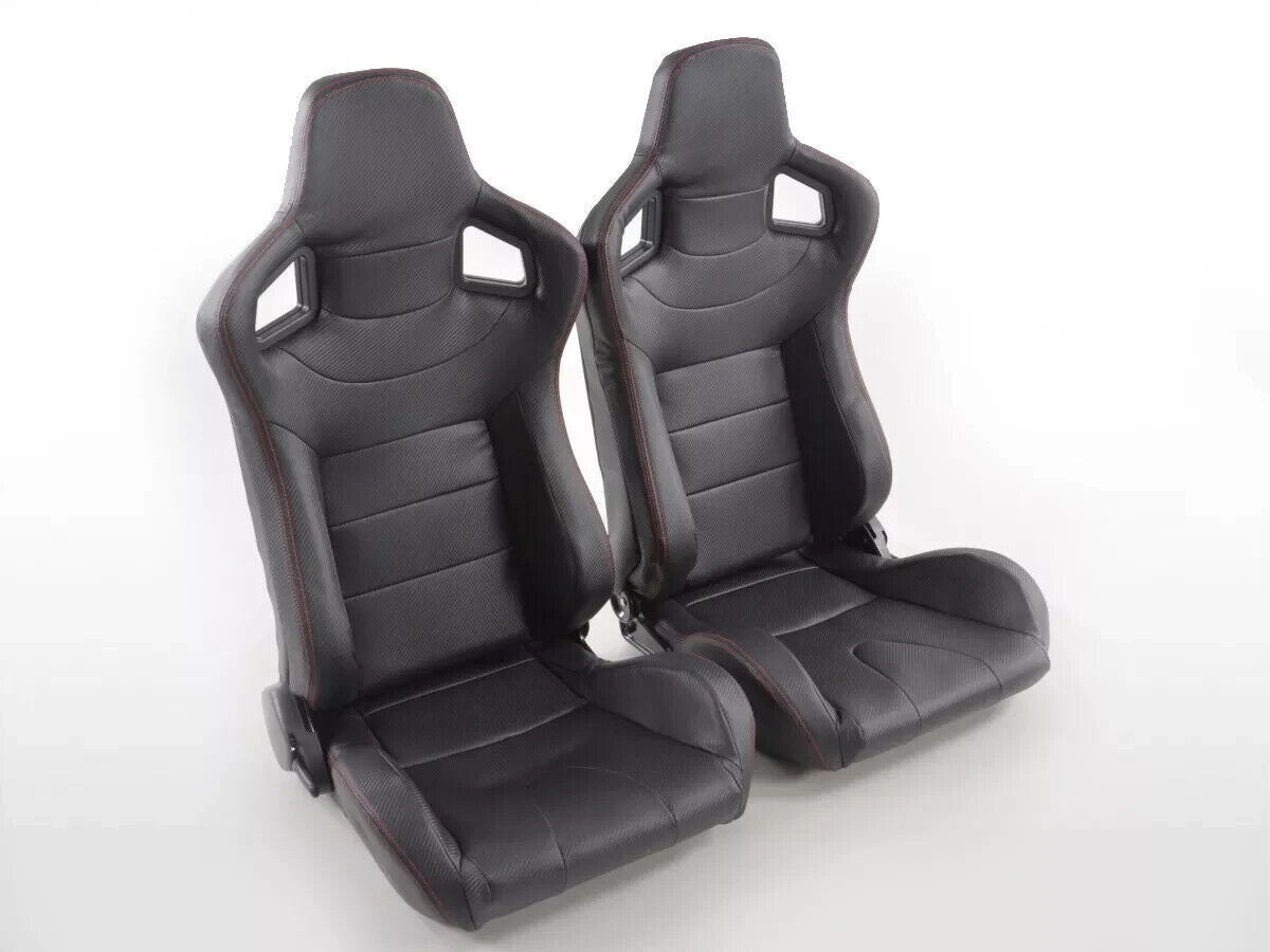 FK Pair Universal Car Van 4x4 Bucket Sports Seats Black Carbon Weave Red Stitch