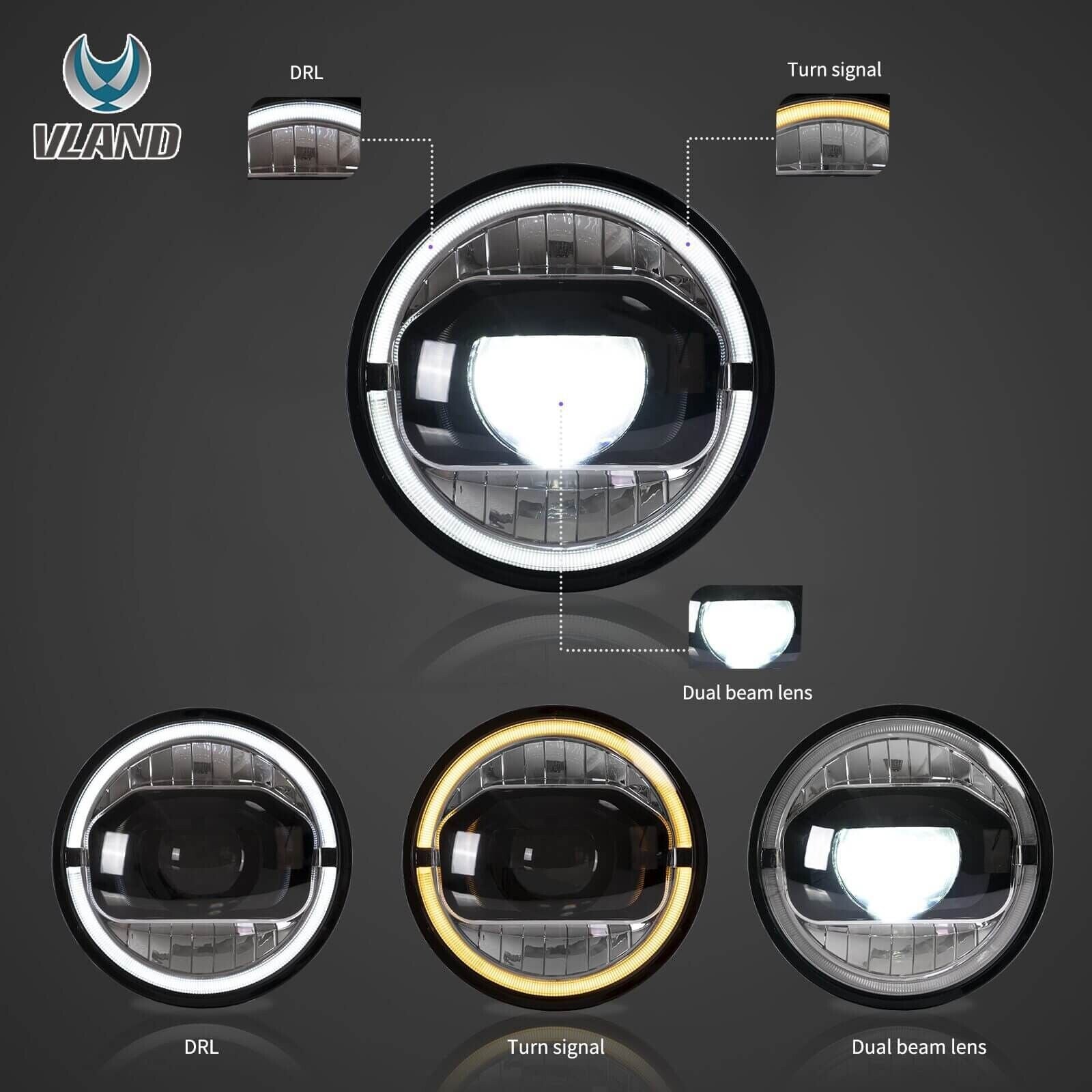 VLAND 07-17 Jeep Wrangler JK Dual Beam Lightbar LED DRL Halo Ring Headlights