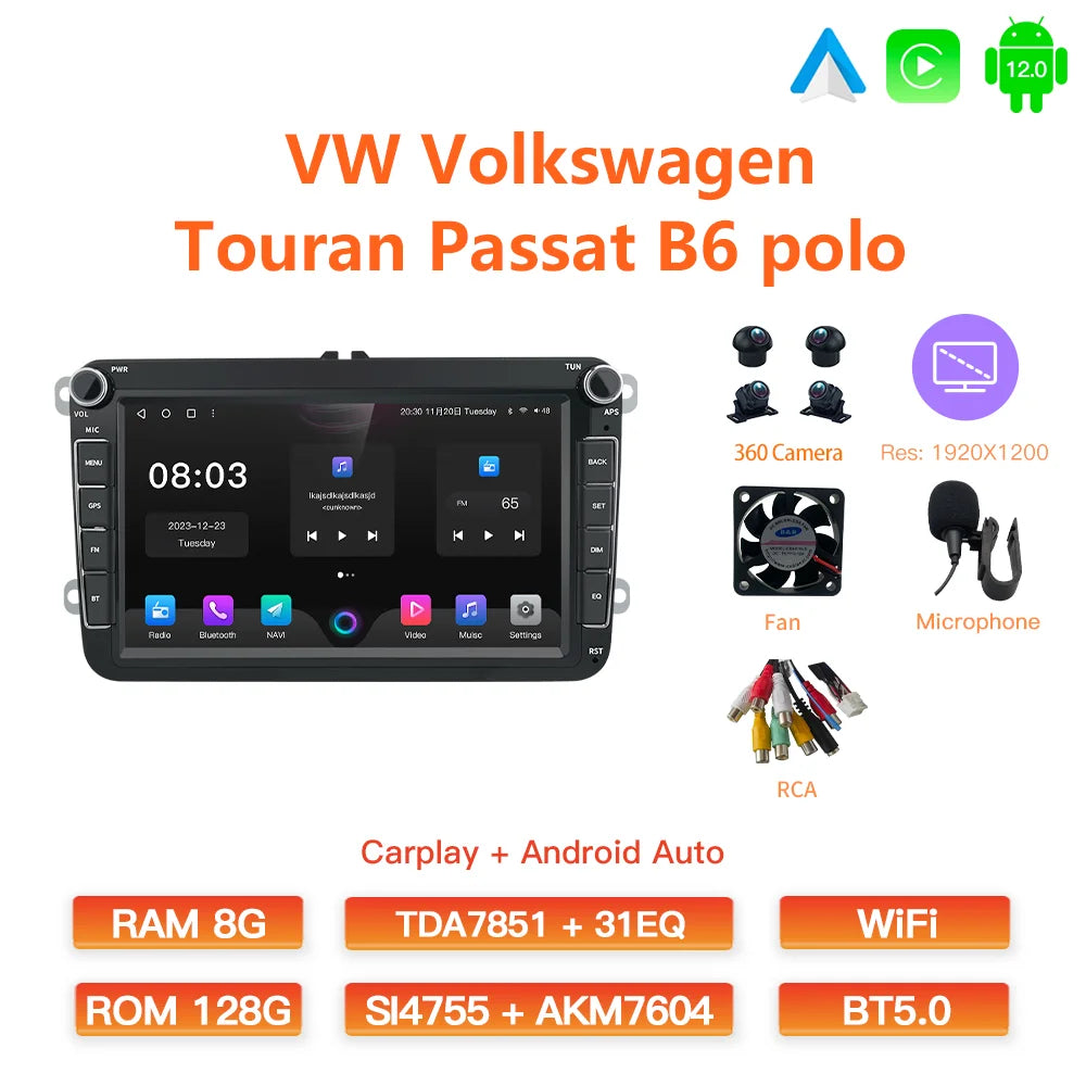 GATAXASKY 8" Car Radio multimedia player For VW Volkswagen Passat B7 B6 Golf Touran Polo Tiguan Jetta 2 din Android 12 Carplay