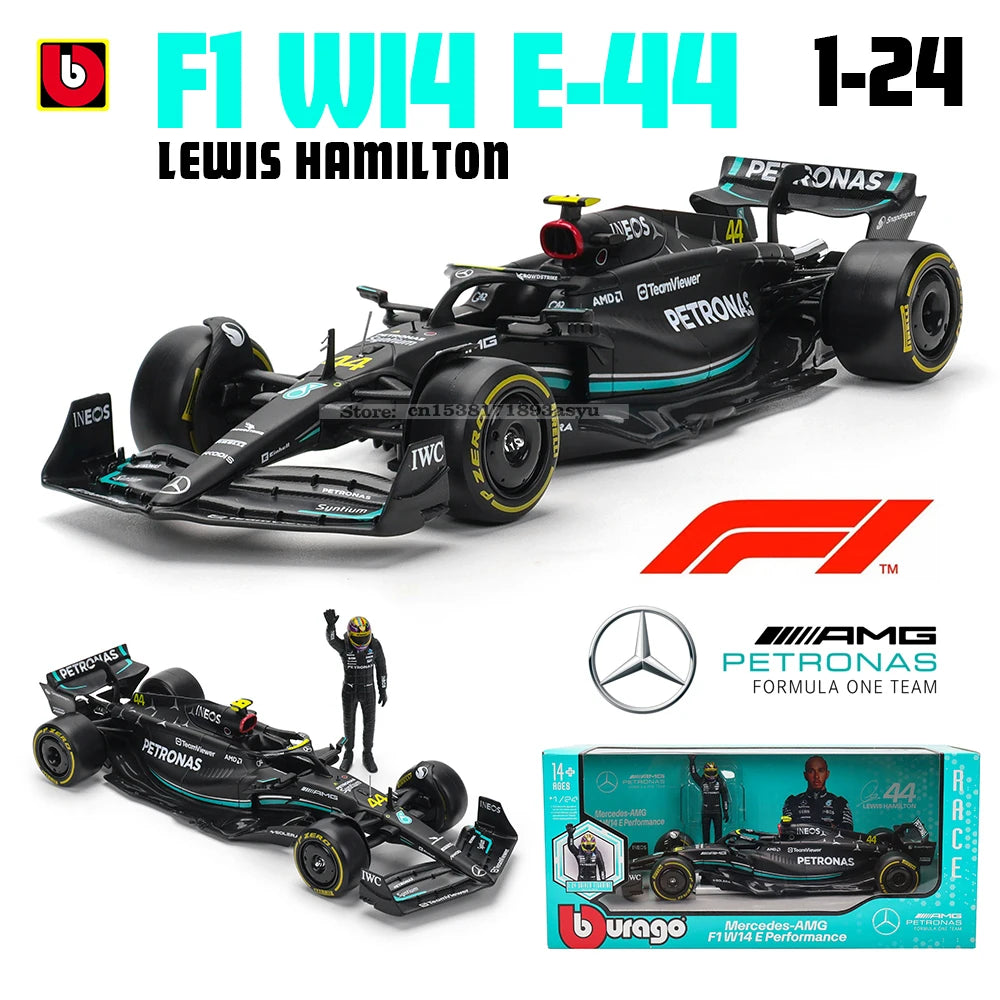 Bburago 1:24 2023 F1 Mercedes-AMG W14+Winning Doll 44# Hamilton 63# Russell Paint Formula One Alloy Super Toy Car Mode