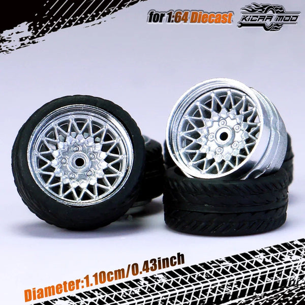 Kicarmod 1/64 Model Car ABS Wheels with Rubber Tire Rivet Axle Metal Rims Diameter 11mm Refitting Parts For Model Car Hot Wheels