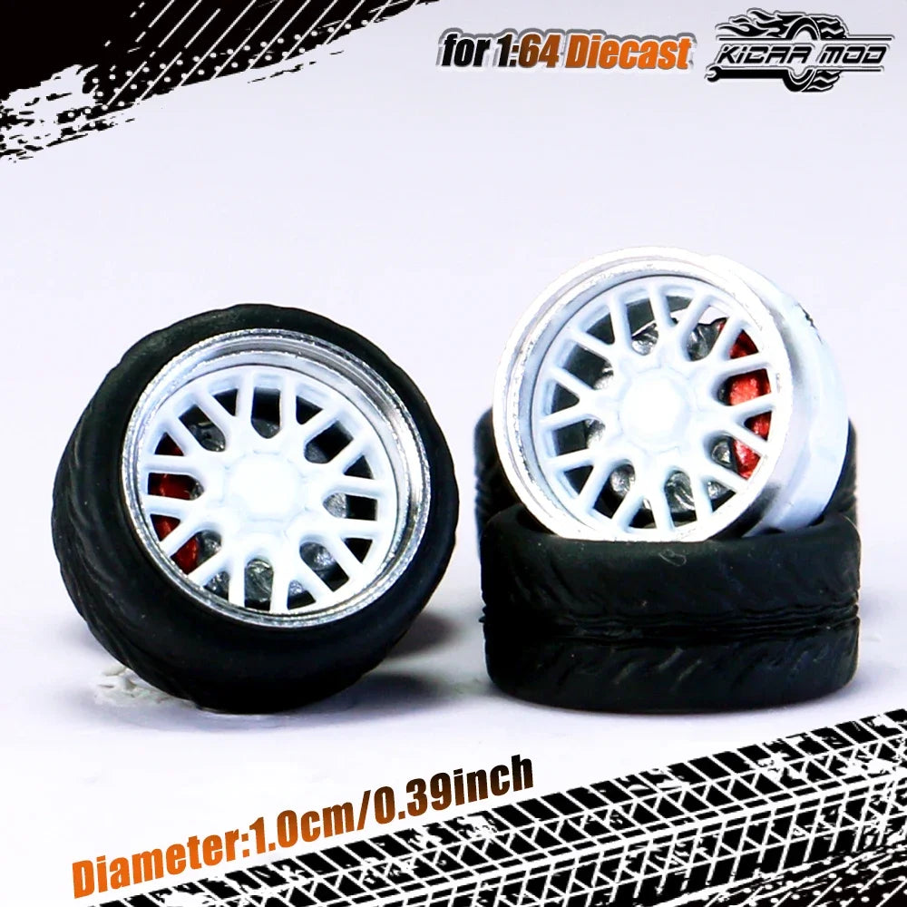 Kicarmod 1/64 Model Car ABS Wheels with Rubber Tire Brake Disc Metal Rims Diameter 10mm Refitting Parts For Model Car Hot Wheels