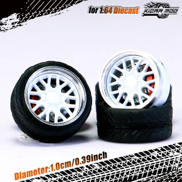 Kicarmod 1/64 Model Car ABS Wheels with Rubber Tire Brake Disc Metal Rims Diameter 10mm Refitting Parts For Model Car Hot Wheels