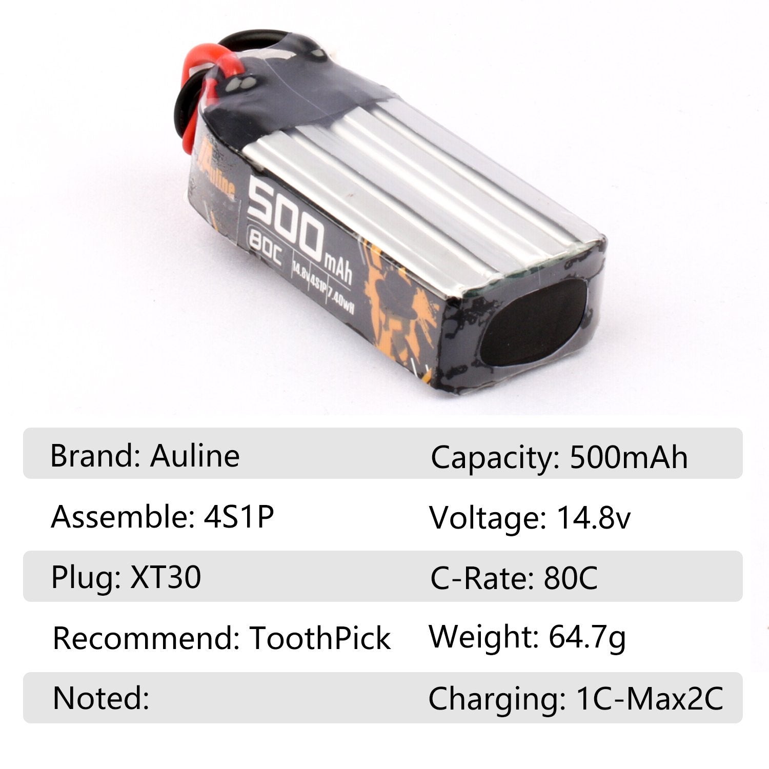 AuLine 500mAh 4S 14.8V 80C XT30 Lipo Battery - (2 pack)