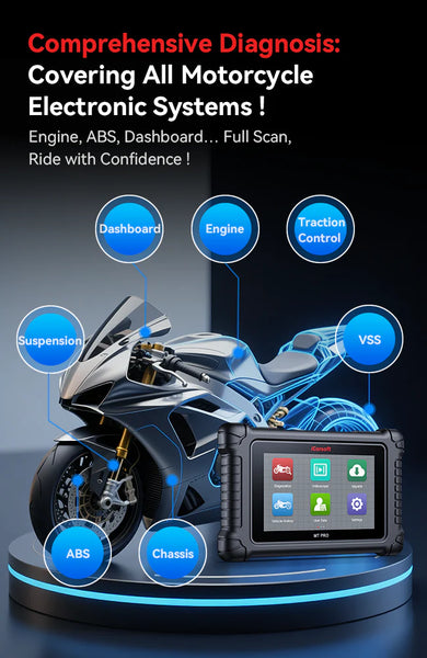 iCarsoft MT PRO OBDII 7" Screen Professional Multi-Systems Motorcycle Diagnostic Scan Tool compatible with 89 manufacturer brands of Motorbike Motorcycle