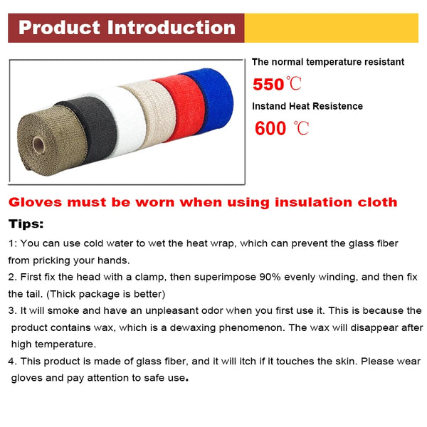 50mm*5M 5M Glass Fibe Car Motorcycle Exhaust Thermal Tape Header Heat Wrap Manifold Insulation Resistant with Glloves Steel Ties