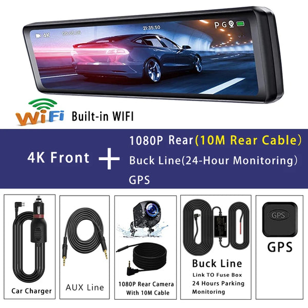 Dash Cam 11.26" 4K 2160P GPS WIFI Car Dvr Mirror Dual Lens Dashcam IPS Screen Car Camera Drive Recorder Stream RearView Mirror