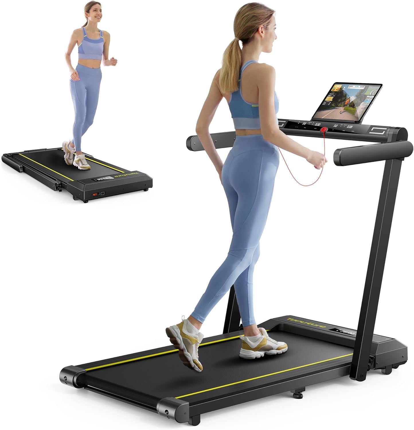 Folding Treadmill with 12% Incline, 4 in 1 Treadmills for Home/Office, Heart Rate, 16KM/H Portable Treadmill, 2.5HP Under Desk Walking Pad, Dual LED Screen, App, Bluetooth Speaker