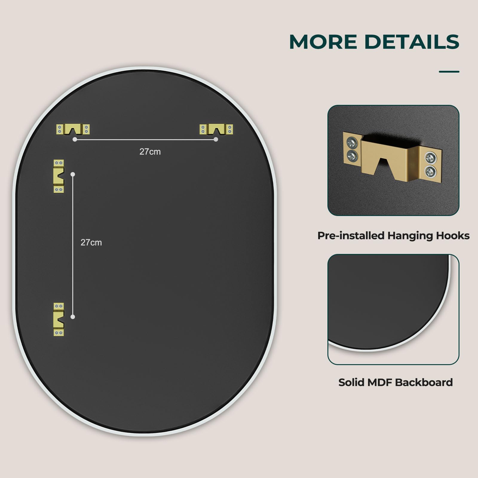 Dripex 50 x 70cm Oval Mirror, Wall Mounted Bathroom Mirror, Horizontal or Vertical Hanging Wall Mirror for Living Room, Bedroom, Entryway, White