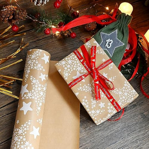 43cm*15m Gift Wrapping Paper Roll with White Star,Topeedy Recycle Kraft Wrapping Paper for Birthday Women's Day