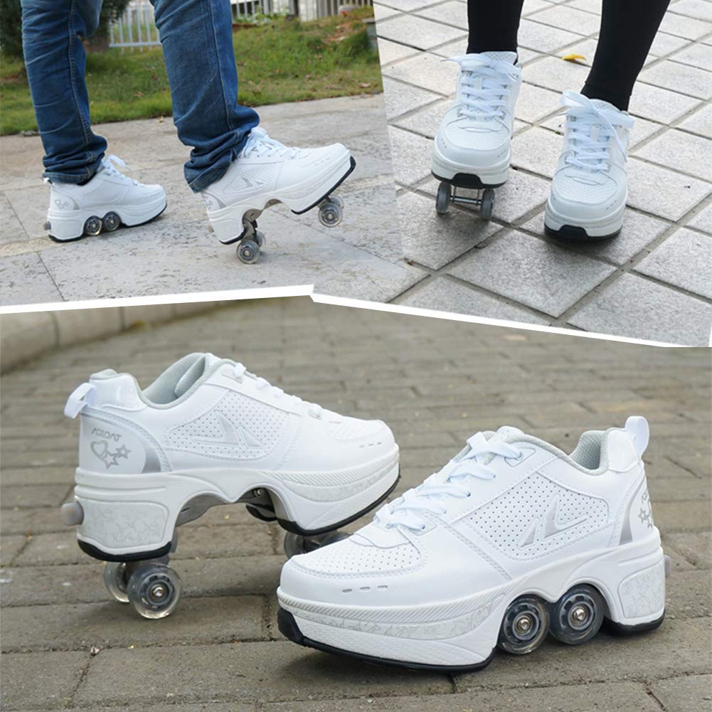 Duvetset Variable Skating Shoes, Kick Roller, Children's Roller Skating Shoes, Roller Skating, Adult Straight Skating Shoes, (White Silver, 35/UK3)