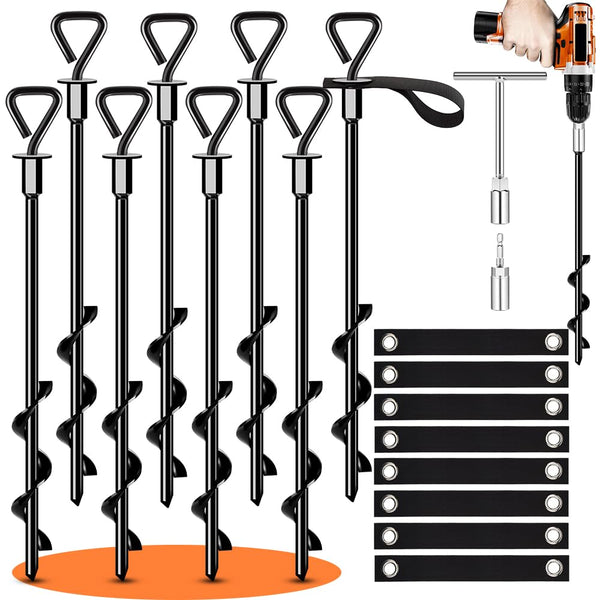 Trampoline Stakes Ground Anchors Screw in Tent Stakes Heavy Duty for High Winds, Trampoline Anchors with Straps, Canopies, Carports, Sheds, Swing