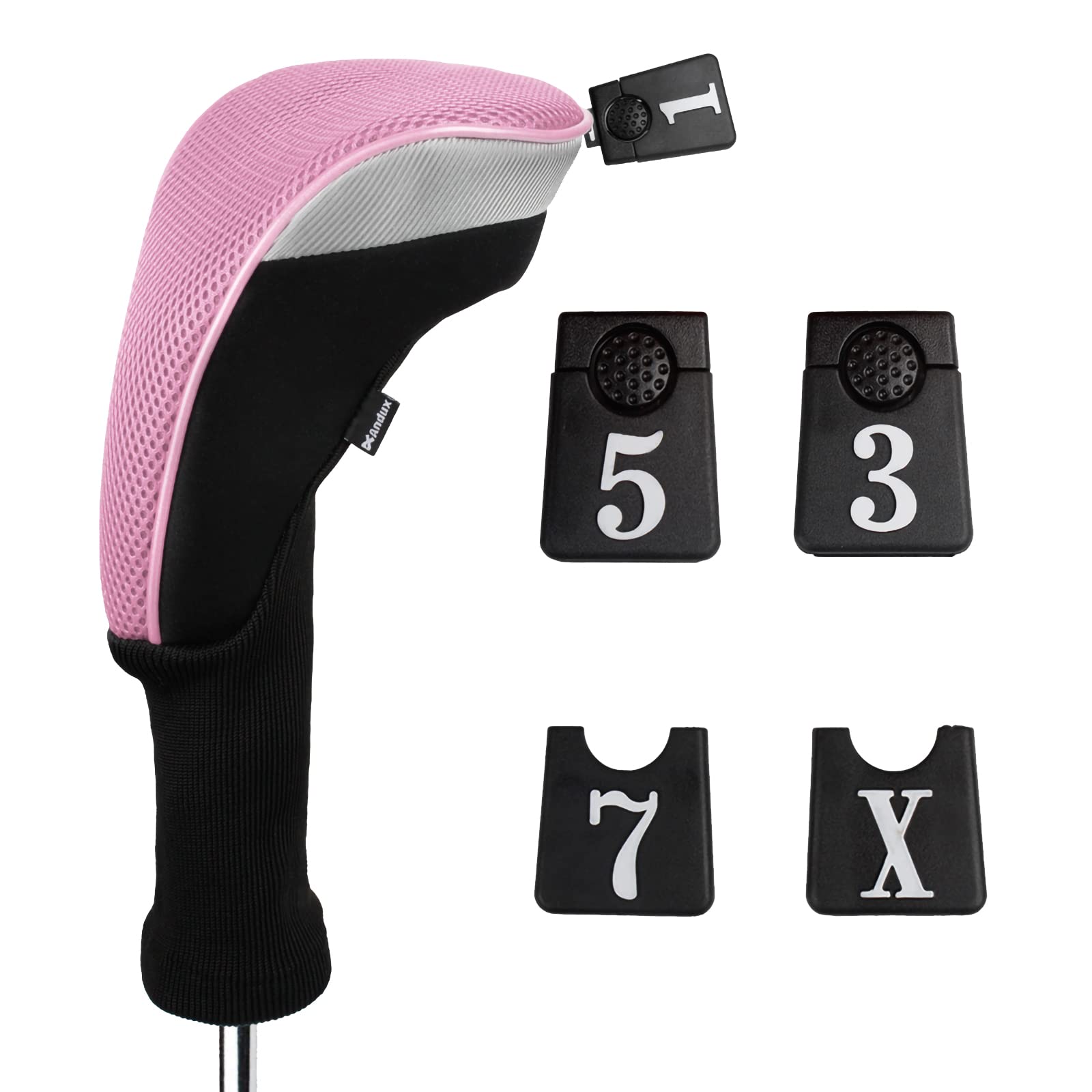Andux 5pcs/Set Golf 460cc Driver Fairway Wood Club Head Covers Long Neck Black/Pink