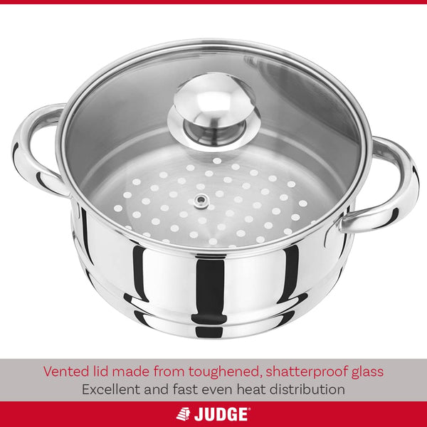 Judge Essentials Stainless Steel 3 Tier Steamer 18cm, Vented Glass Lid, Integral Casserole Pot, Oven Safe, Induction Ready, 25 Year Guarantee